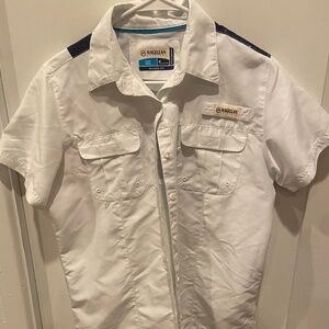 Magellan Women Medium Fish Gear Shirt Relaxed Fit Texas theme white red blue